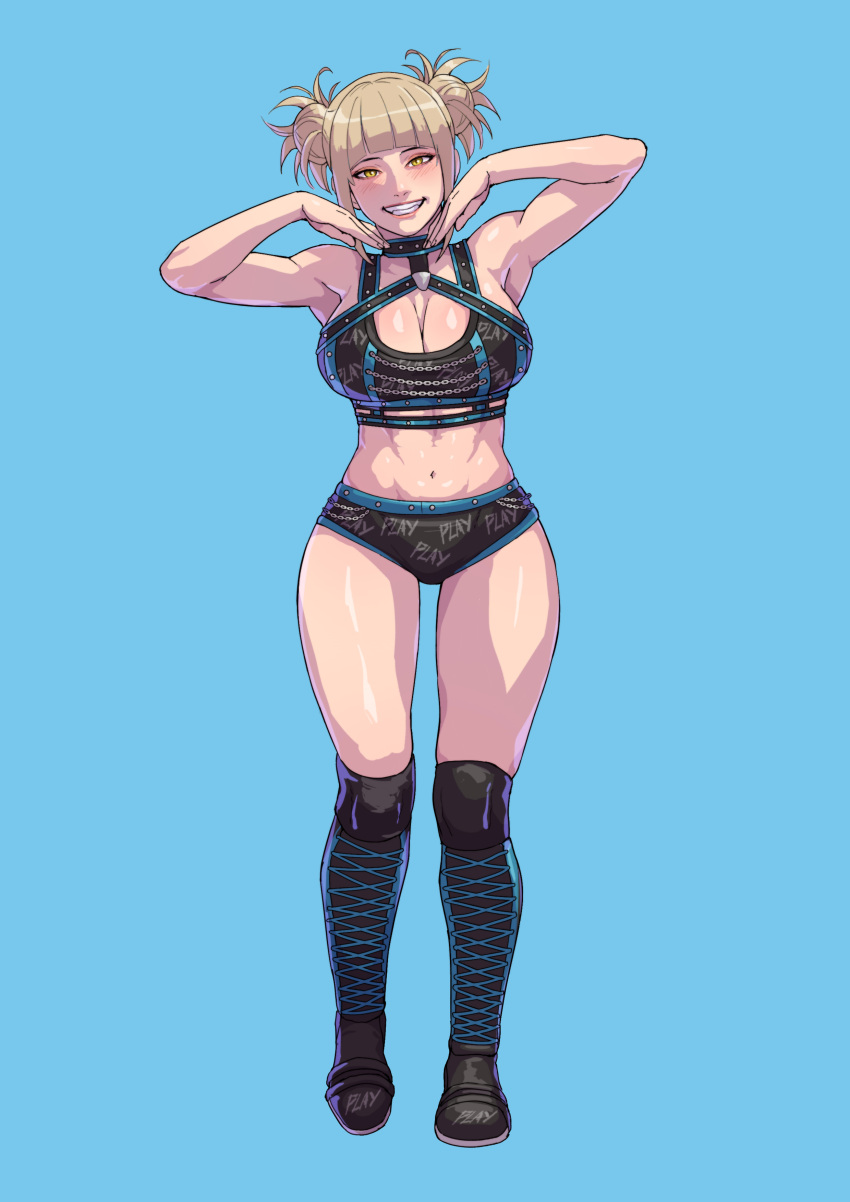 1girl absurdres alexa_bliss alexa_bliss_(cosplay) armpits bangs bare_shoulders blonde_hair blue_background blunt_bangs boku_no_hero_academia breasts choker cirenk cleavage commission cosplay double_bun full_body highres large_breasts looking_at_viewer midriff muscular muscular_female navel parted_lips shorts simple_background sleeveless smile solo standing teeth toga_himiko wwe