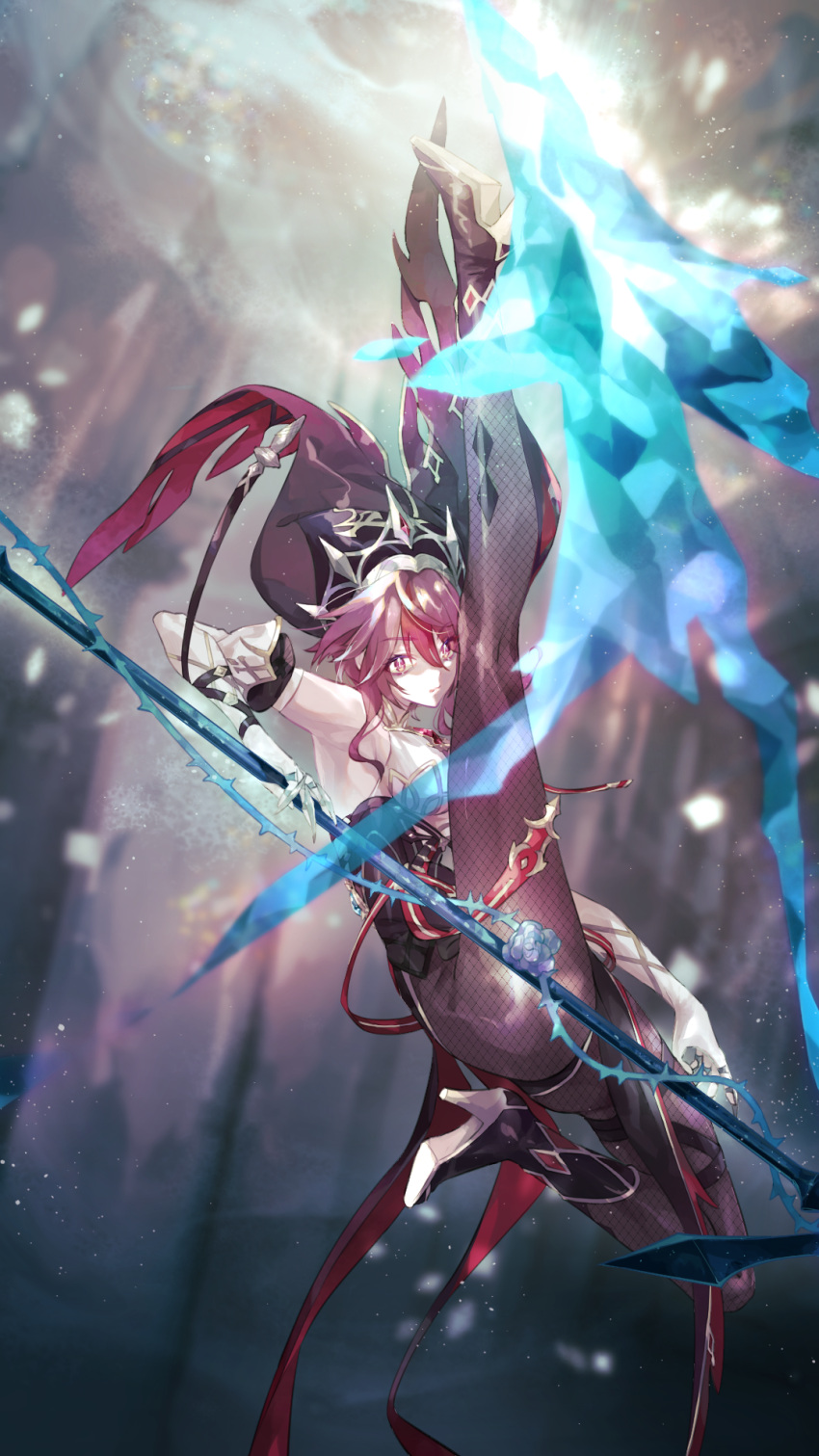 armpits ass blurry claws colored_skin depth_of_field elbow_gloves fishnet_legwear fishnets genshin_impact gloves habit head_tilt high_heels highres holding holding_staff ice_crystal jumping kicking leg_up multicolored_hair nun purple_hair red_eyes rosaria_(genshin_impact) staff streaked_hair thorns two-tone_hair white_gloves white_skin yoco_n02