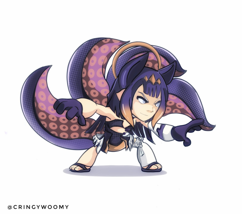 &gt;:) 1girl animal_ears artist_name asymmetrical_gloves bangs black_collar black_dress black_gloves black_hair blunt_bangs brawlhalla chibi collar commentary cosplay cringywoomy cutout_above_navel dress elbow_gloves english_commentary extra_ears fighting_stance fox_ears fox_girl gloves gradient_hair grey_eyes halo highres hololive hololive_english long_hair looking_ahead low_wings multicolored_hair multiple_tails ninomae_ina'nis ninomae_ina'nis_(cosplay) octopus okobo orange_hair parody pointy_ears purple_hair shadow shiny shiny_hair shiny_skin short_dress sidelocks simple_background single_elbow_glove single_thighhigh smile solo standing strapless strapless_dress style_parody tail tentacles thick_eyelashes thighhighs toon_(style) tube_dress twitter_username typo uneven_gloves v-shaped_eyebrows very_long_hair virtual_youtuber white_background white_hair wings yumiko_(brawlhalla)