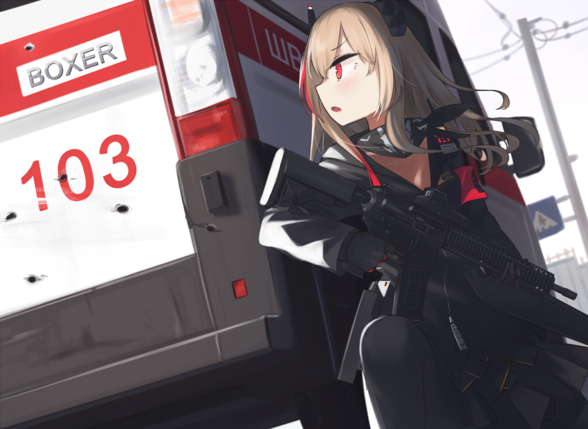 1girl :o ambulance black_gloves black_jacket black_legwear black_scarf black_skirt blonde_hair car eyebrows_visible_through_hair girls'_frontline gloves ground_vehicle hair_ornament hinami047 holding holding_weapon jacket long_hair looking_away looking_up m4_sopmod_ii m4_sopmod_ii_(girls'_frontline) motor_vehicle multicolored_hair open_mouth pantyhose red_eyes russia scarf scenery sitting skirt solo weapon