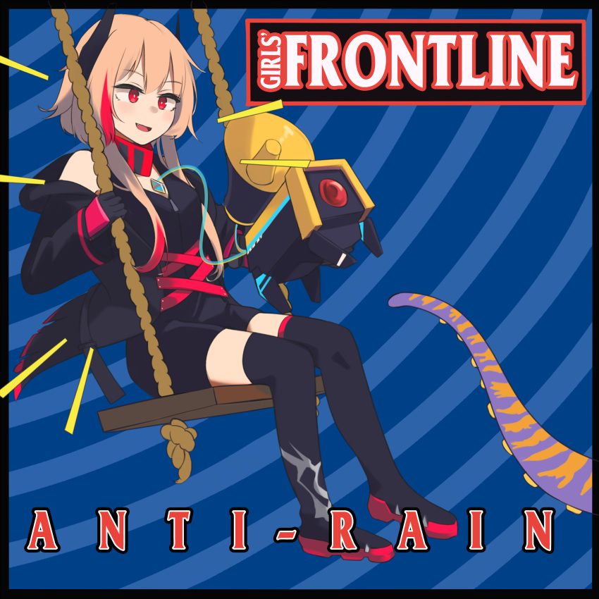 1girl 1other album_cover anti-rain_(girls'_frontline) banana_(girls'_frontline) black_gloves black_jacket black_legwear blonde_hair copyright_name cover eyebrows_visible_through_hair girls'_frontline gloves hair_ornament highres hinami047 jacket long_hair looking_away m4_sopmod_ii_(girls'_frontline) mod3_(girls'_frontline) multicolored_hair open_clothes open_jacket open_mouth parody red_eyes simple_background sitting the_offspring thighhighs
