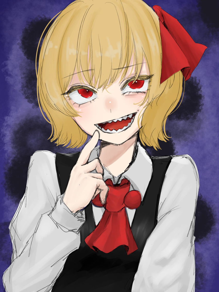 1girl :d ascot bangs beads blonde_hair commentary_request dark_background darkness eyebrows_visible_through_hair finger_to_mouth hair_ribbon hand_up highres index_finger_raised light_blush long_sleeves looking_to_the_side open_mouth purple_background red_eyes red_neckwear red_ribbon ribbon rumia sharp_teeth short_hair simple_background sketch smile solo teeth touhou upper_body wing_collar yomogi_0001