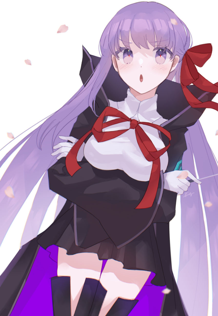 1girl bangs bb_(fate) black_cloak black_legwear black_skirt blush breasts cloak commentary eyebrows_visible_through_hair fate/extra fate/extra_ccc fate/grand_order fate_(series) gloves hair_ribbon highres large_breasts long_hair meloettta open_mouth petals purple_cloak purple_eyes purple_hair red_ribbon ribbon simple_background skirt solo thighhighs two-tone_cloak very_long_hair white_background white_gloves zettai_ryouiki