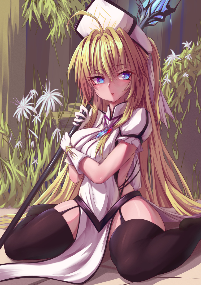 1girl absurdres bangs black_legwear blonde_hair blue_eyes commentary_request eyebrows_visible_through_hair flower frilled_sleeves frills full_body garter_straps highres holding holding_staff lcc long_hair looking_to_the_side mitre no_shoes open_mouth original priest puffy_short_sleeves puffy_sleeves shirt short_sleeves sitting solo staff tabard thighhighs wariza white_flower white_shirt