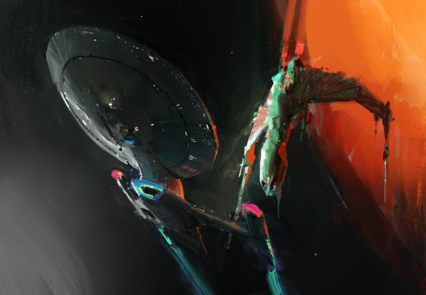 english_commentary flying from_below highres john_liberto k'vort_class light no_humans planet science_fiction sketch space space_craft star_(sky) star_trek vehicle_focus