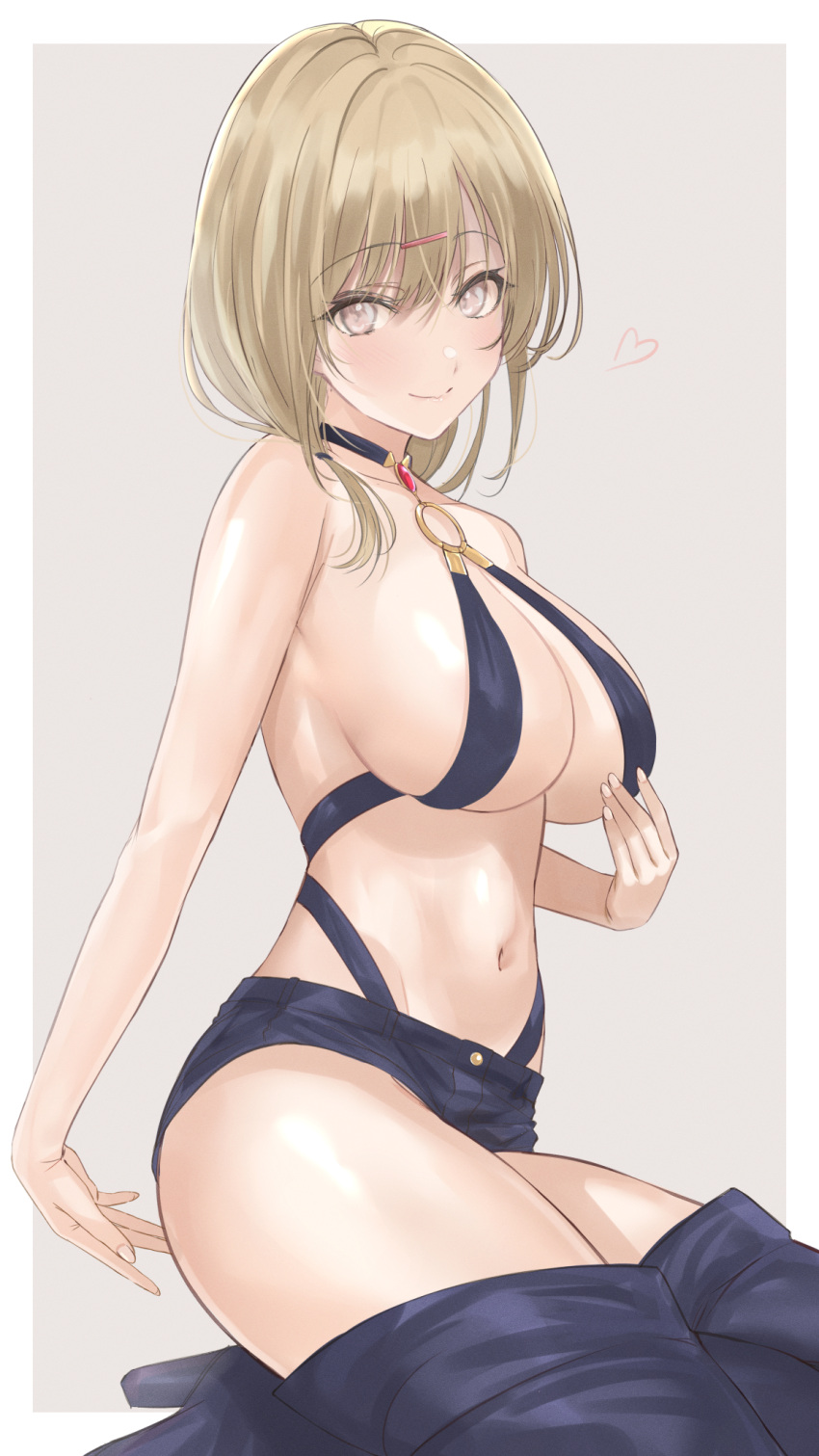 1girl black_legwear blonde_hair boots breasts cleavage cosplay highres jahy jahy-sama_wa_kujikenai! jahy_(cosplay) kneeling large_breasts looking_at_viewer manager mexif o-ring o-ring_top revealing_clothes seductive_smile shorts simple_background smile solo tenchou_(jahy) thigh_boots thighhighs white_background white_eyes