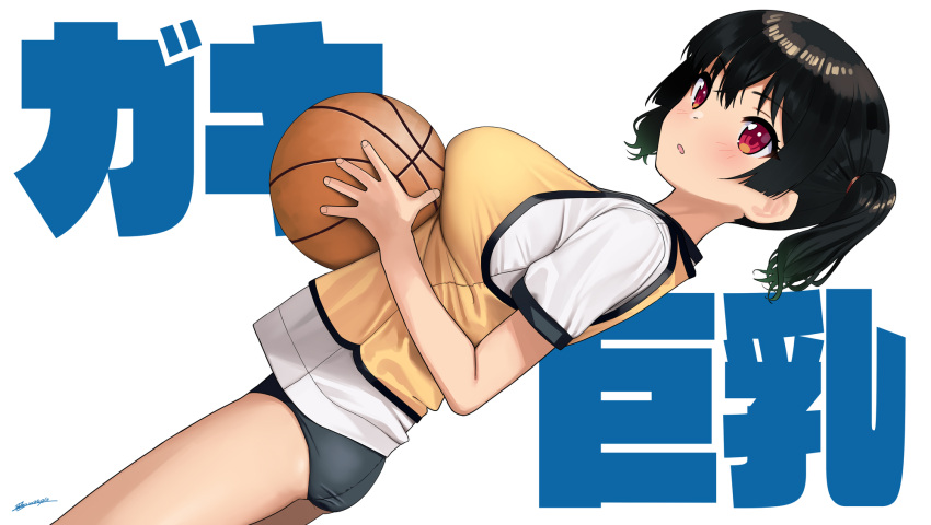 1girl ball basketball black_buruma black_hair blush breasts buruma gym_uniform highres holding holding_ball kaedeko_(kaedelic) large_breasts looking_at_viewer looking_away oppai_loli original parted_lips red_eyes saki_sasaki_(kaedeko) short_hair short_sleeves signature simple_background solo thighs twintails white_background