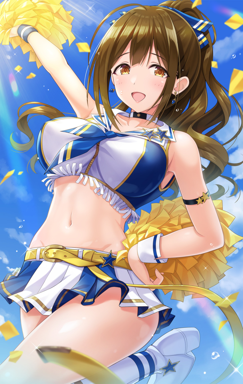 1girl armband bare_shoulders brown_eyes brown_hair cheering cheerleader crop_top hand_on_hip happy highres idolmaster idolmaster_shiny_colors kuwayama_chiyuki leg_up looking_at_viewer open_mouth pom_pom_(cheerleading) ponytail skirt solo thighs urabi_(tomatohouse)