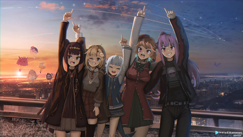 5girls absurdres aircraft anniversary anonamos balcony balloon black_legwear bloop_(gawr_gura) city city_lights cityscape dawn death-sensei_(mori_calliope) dress everyone gawr_gura group_picture highres hololive hololive_english hot_air_balloon huge_filesize kotori_(takanashi_kiara) lights long_hair looking_at_viewer middle_finger mori_calliope multiple_girls ninomae_ina'nis one_eye_closed outdoors plaid plaid_skirt pleated_skirt pointing pointing_up railing scenery skirt sky skyline smile smol_ame star_(sky) sunlight sunrise takanashi_kiara tako_(ninomae_ina'nis) thighhighs virtual_youtuber watermark watson_amelia zettai_ryouiki