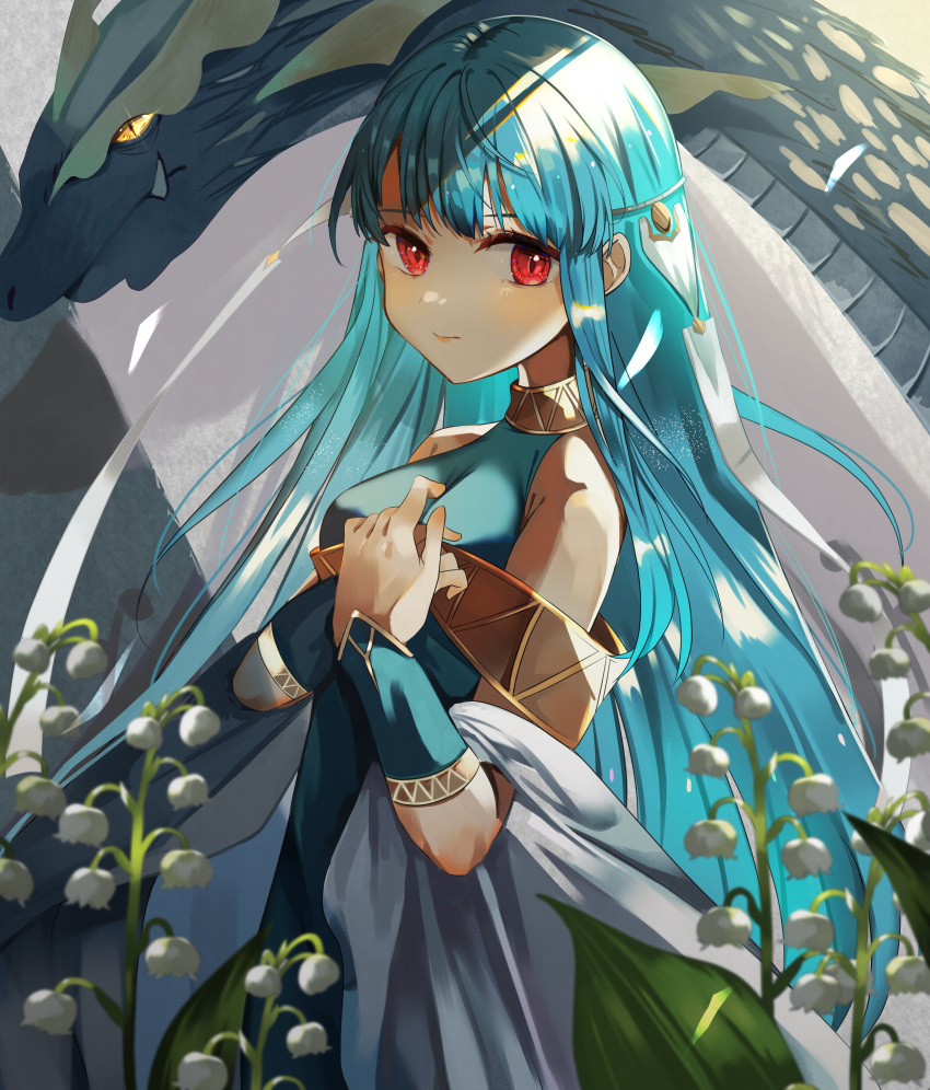 1girl absurdres bangs bare_shoulders blue_hair cape chil0107 dragon dragon_horns dress fire_emblem fire_emblem:_the_blazing_blade fire_emblem_heroes hair_ornament highres horns long_hair looking_at_viewer manakete ninian_(fire_emblem) pointy_ears red_eyes simple_background smile solo