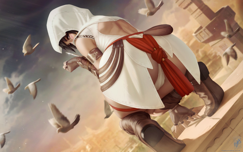 1girl arm_blade armlet ass assassin's_creed_(series) back backless_outfit bird black_hair blurry blurry_background boots cityscape dated dove dutch_angle english_commentary fingerless_gloves from_behind full_body gloves hidden_blade highres hood hood_up knee_boots leather leather_boots leather_gloves looking_at_viewer looking_back minaret no_bra panties pantyshot purple_eyes reward_available ribbon signature skindentation sky solo squatting star_(sky) starry_sky themaestronoob thigh_ribbon thighs tiptoes turning_head underwear watermark weapon white_hood white_panties