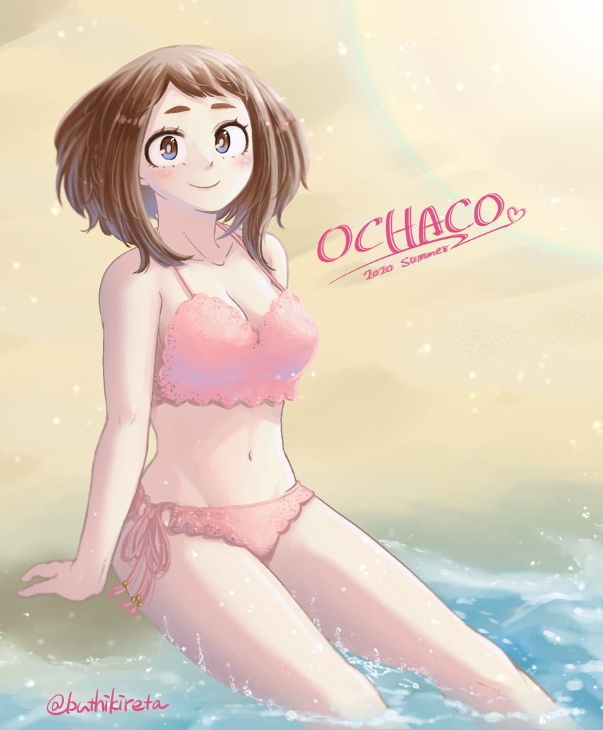 1girl 2020 alternate_costume bangs beach bikini blush boku_no_hero_academia breasts brown_hair buthikireta character_name cleavage collarbone commentary_request highres large_breasts looking_at_viewer navel pink_bikini short_hair side-tie_bikini sitting smile solo swimsuit twitter_username uraraka_ochako water