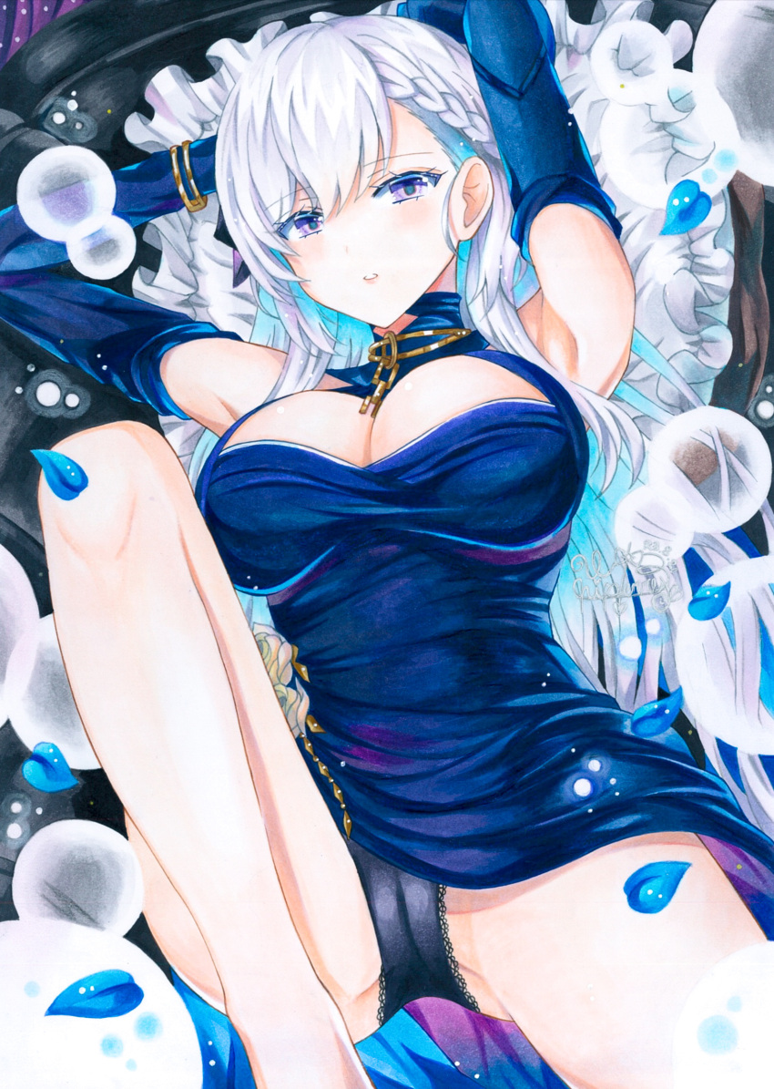 1girl arms_behind_head azur_lane belfast_(azur_lane) belfast_(the_noble_attendant)_(azur_lane) black_panties blue_dress blue_gloves braid breasts chain cleavage dress elbow_gloves eyebrows_visible_through_hair french_braid gloves gold_chain highres large_breasts light_purple_hair long_hair looking_at_viewer lying official_alternate_costume on_back panties petals purple_eyes solo traditional_media underwear very_long_hair whipberry