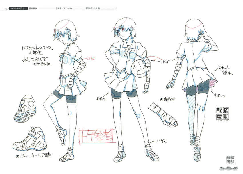 1girl bakemonogatari bandages breasts character_sheet color_trace from_behind from_side full_body highres kanbaru_suruga medium_breasts monogatari_(series) multiple_views official_art partially_colored pleated_skirt production_art production_note scan shoes short_hair shorts shorts_under_skirt simple_background skirt sneakers turnaround very_short_hair volleyball white_background zip_available