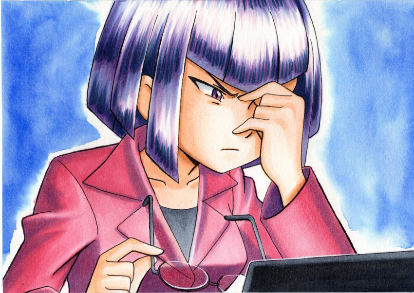 1girl bangs black_shirt blue_background blunt_bangs brown_eyes closed_mouth collarbone commentary_request eyewear_removed frown glasses highres holding holding_eyewear jacket long_sleeves looking_down matori_(pokemon) oka_mochi pokemon pokemon_(anime) pokemon_xy_(anime) purple_hair red_jacket shiny shiny_hair shirt short_hair solo traditional_media upper_body