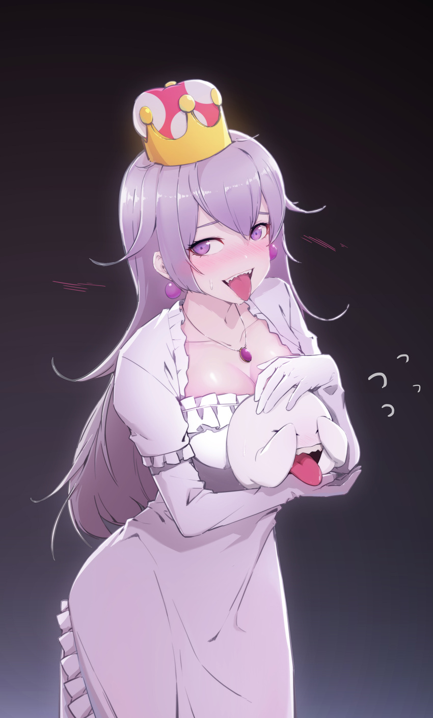 1girl absurdres boo_(mario) breasts closed_eyes colored_tongue covering_eyes crown dress earrings elbow_gloves gloves highres jewelry light_purple_hair long_hair luigi's_mansion mario_(series) medium_breasts mini_crown necklace new_super_mario_bros._u_deluxe nunvora pale_skin princess_king_boo purple_eyes purple_tongue sharp_teeth short_sleeves super_crown teeth tilted_headwear tongue tongue_out white_dress white_gloves