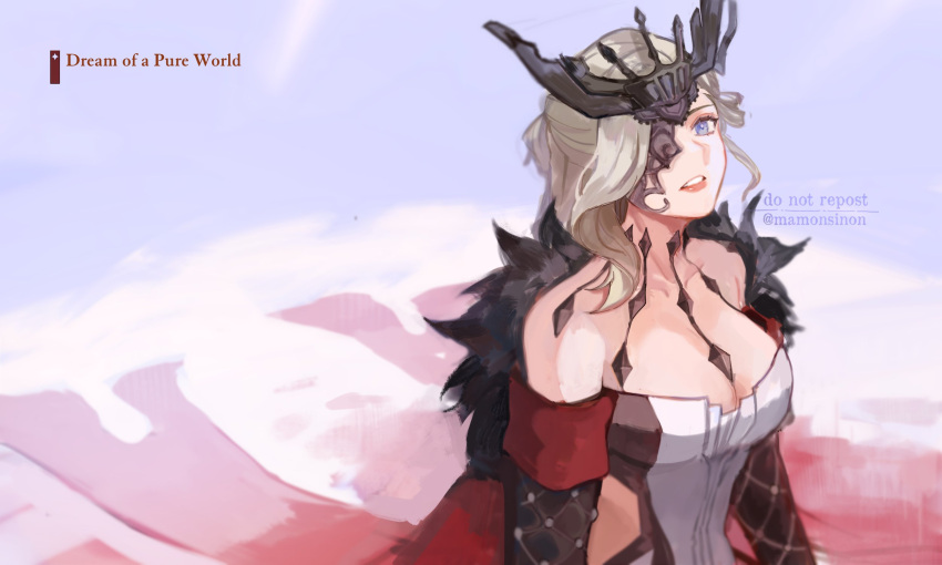 1girl bare_shoulders black_mask blonde_hair blue_eyes breasts cleavage collarbone commentary dress elbow_gloves english_commentary fur_trim genshin_impact gloves half_mask highres jewelry lace-trimmed_eyepatch large_breasts long_hair mamonsinon mask mask_over_one_eye one_eye_covered open_mouth signora_(genshin_impact) solo studded_gloves twitter_username