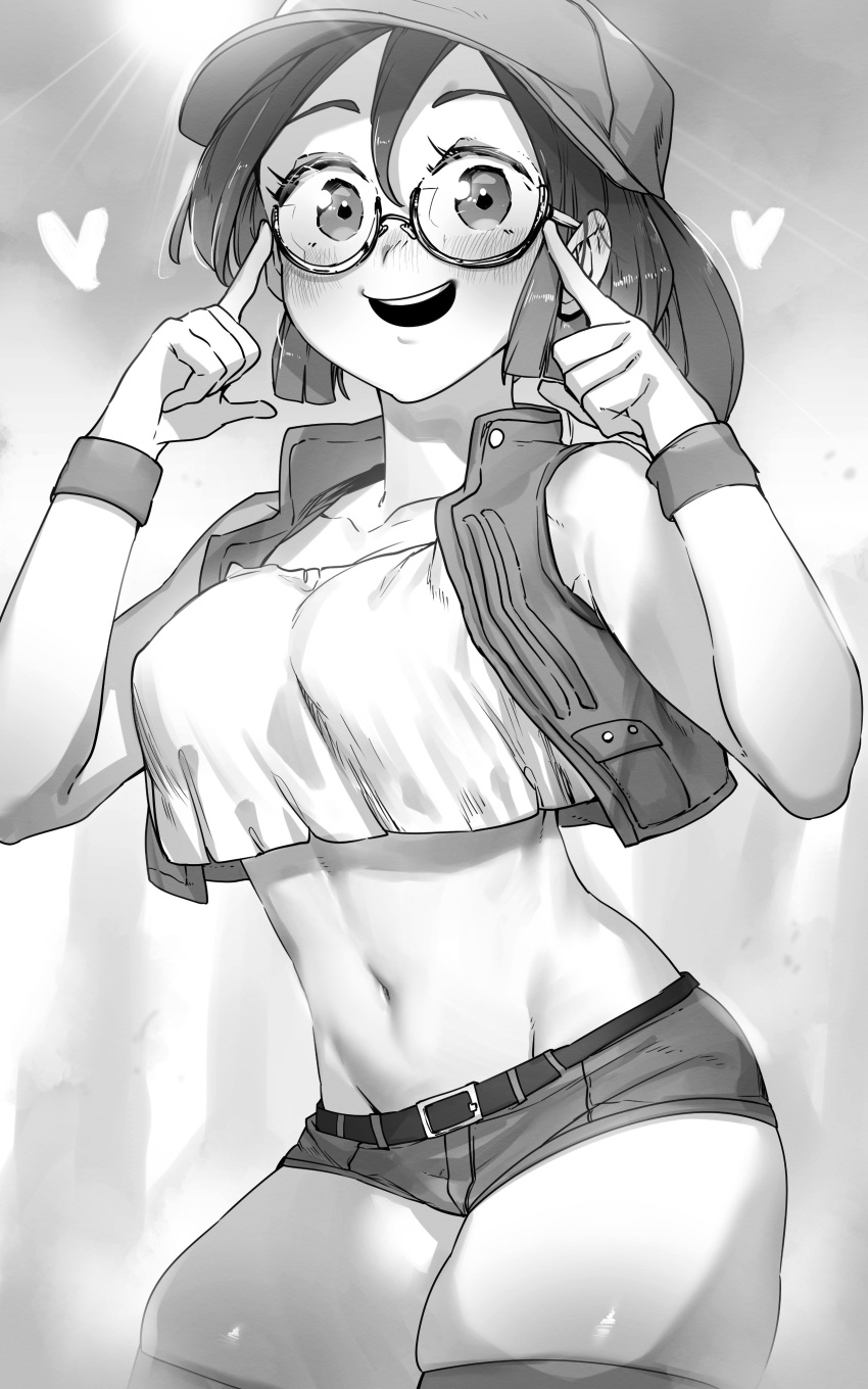 1girl :d absurdres belt blush cowboy_shot crop_top fio_germi glasses greyscale hands_up hat heart highres looking_at_viewer metal_slug micro_shorts monochrome navel niwarhythm open_clothes open_mouth open_vest ponytail round_eyewear shorts skindentation smile solo stomach thighhighs vest wristband
