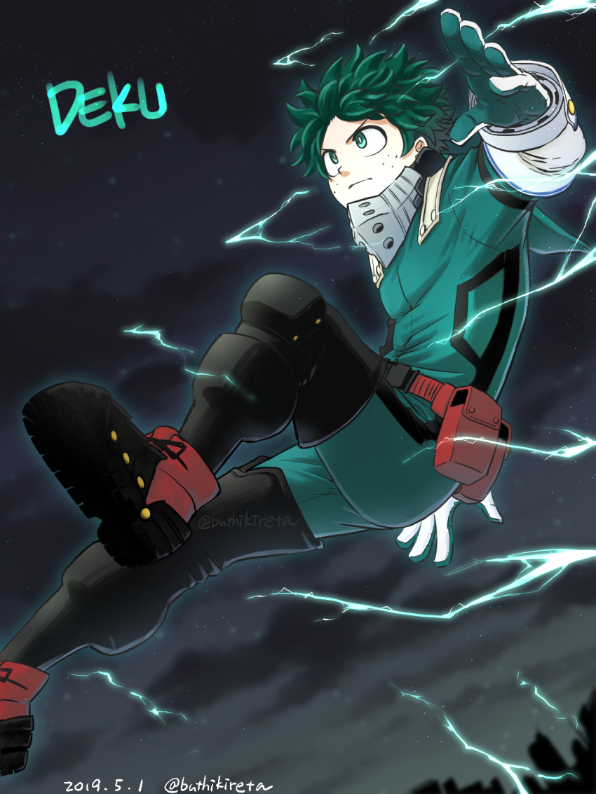 1boy ass bangs black_footwear boku_no_hero_academia boots buthikireta character_name commentary_request dated elbow_gloves energy freckles gloves green_eyes green_gloves green_hair hand_up highres midoriya_izuku night outdoors red_footwear shoes short_hair solo twitter_username watermark white_gloves