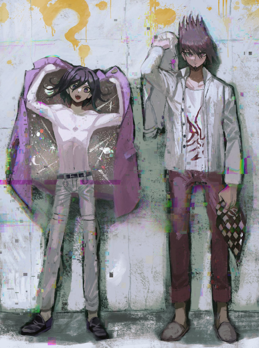 2boys arms_up bangs black_footwear black_hair borrowed_garments brown_hair checkered checkered_scarf collarbone danganronpa_(series) danganronpa_v3:_killing_harmony facial_hair full_body goatee grey_pants hair_between_eyes highres holding holding_clothes holding_scarf jacket long_sleeves looking_at_viewer momota_kaito multiple_boys navel open_clothes open_mouth open_shirt ouma_kokichi pants pink_jacket pink_pants print_shirt purple_eyes scarf scarf_removed shirt shirtless shoes smile space_print standing starry_sky_print symbol-only_commentary visket53 white_shirt