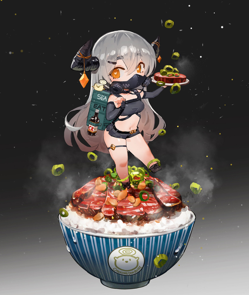 1girl arm_warmers bangs bare_legs black_footwear black_shorts bowl brand_name_imitation chibi crop_top danann delivery detached_sleeves food full_body gem gun hair_ornament heart heart-shaped_pupils highres holding holding_plate holster horns in_food long_hair long_sleeves looking_at_viewer mask meat midriff minigirl mouth_mask navel orange_eyes original plate rice rice_bowl short_shorts shorts silver_hair size_difference solo spring_onion standing steak steam stomach symbol-shaped_pupils thigh_strap uber_eats very_long_hair weapon