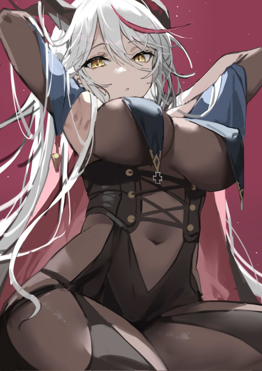 1girl aegir_(azur_lane) armpits arms_up azur_lane bodystocking breast_curtains breasts denchu_(kazudentyu) highres horns kneeling large_breasts navel see-through see-through_shirt thick_thighs thighs underboob white_hair yellow_eyes