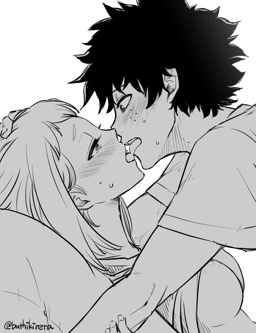 1boy 1girl bangs blush boku_no_hero_academia breasts buthikireta commentary_request freckles french_kiss greyscale hetero highres kiss large_breasts looking_at_another midoriya_izuku monochrome nipples no_bra open_mouth pillow shirt short_hair short_hiar short_sleeves simple_background sweat tongue tongue_out twitter_username uraraka_ochako