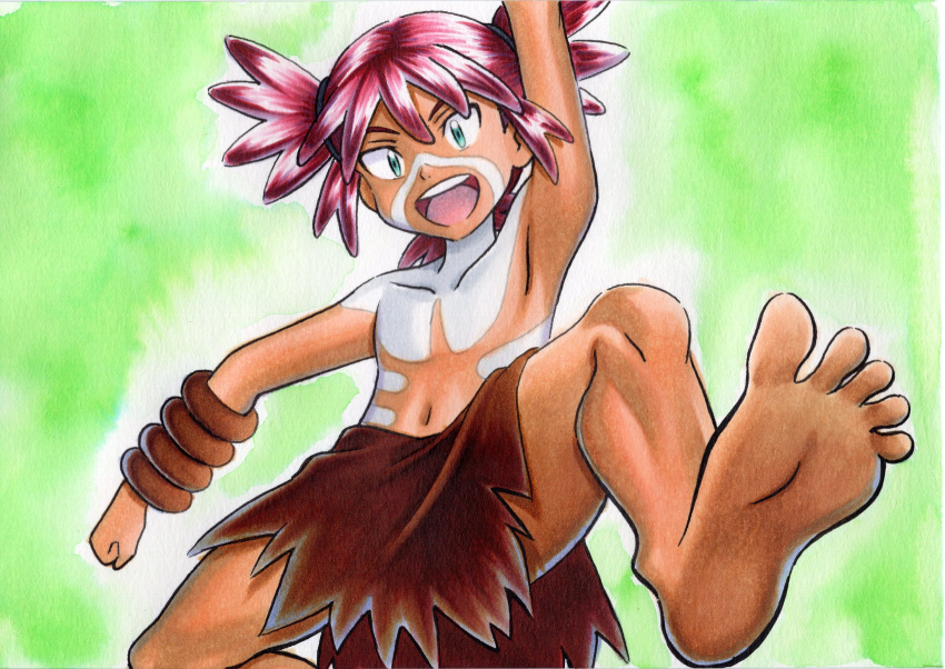 1boy :d arm_up bangs barefoot bodypaint clenched_hand collarbone commentary_request feet green_background green_eyes highres koko_(pokemon) male_focus navel oka_mochi open_mouth pokemon pokemon_(anime) pokemon_m23 red_hair shirtless smile soles solo spread_legs tied_hair toes tongue traditional_media upper_teeth