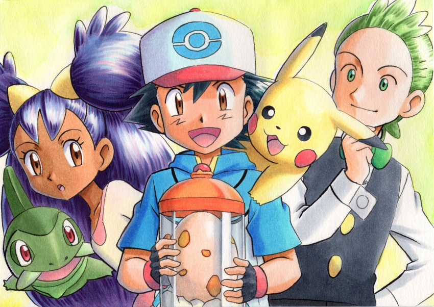 1girl 2boys :d :o ash_ketchum axew bangs baseball_cap big_hair black_gloves black_hair black_vest blue_jacket bow bowtie brown_eyes cilan_(pokemon) closed_mouth commentary_request dark-skinned_female dark_skin eyelashes fingerless_gloves gloves green_eyes green_hair green_neckwear hand_up hat highres holding iris_(pokemon) jacket long_hair long_sleeves multiple_boys oka_mochi open_mouth pikachu pokemon pokemon_(anime) pokemon_(creature) pokemon_bw_(anime) pokemon_egg pokemon_on_back purple_hair shirt short_sleeves smile spiked_hair tongue traditional_media two_side_up vest white_shirt yellow_background yellow_shirt
