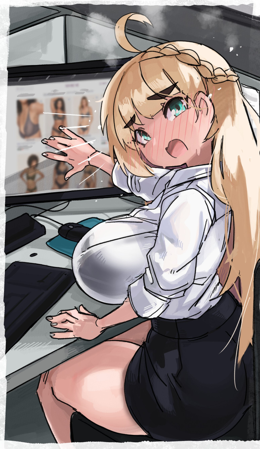 1girl absurdres ahoge at_computer black_skirt blonde_hair blush braid breast_rest breasts covering crown_braid eyebrows_visible_through_hair full-face_blush green_eyes highres huge_breasts long_hair looking_at_viewer louise_(okanderlig) mismatched_eyebrows office_lady original shirt sitting skirt solo sweat sweating_profusely thick_eyebrows thick_thighs thighs turning_head white_shirt zanamaoria