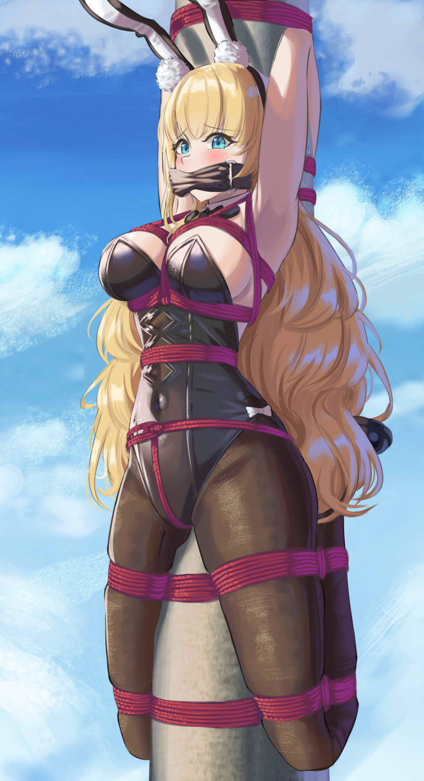 1girl absurdres animal_ears armpits azur_lane bdsm black_leotard blonde_hair blue_eyes bondage bound breasts cailin020 cleavage eyebrows_visible_through_hair fake_animal_ears gag highres large_breasts leotard long_hair north_carolina_(azur_lane) north_carolina_(the_heart's_desire)_(azur_lane) official_alternate_costume pantyhose playboy_bunny rabbit_ears restrained solo strapless strapless_leotard tied_up very_long_hair
