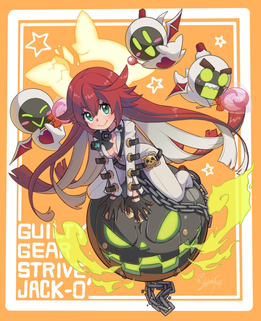 1girl 3others absurdres ankh ankh_necklace ball_and_chain_restraint bat_wings bodysuit chain gloves green_eyes guilty_gear guilty_gear_strive halo highres jack-o'-lantern jack-o'_valentine knight_servant lancer_servant magician_servant multiple_others red_hair suesuguru white_bodysuit wings