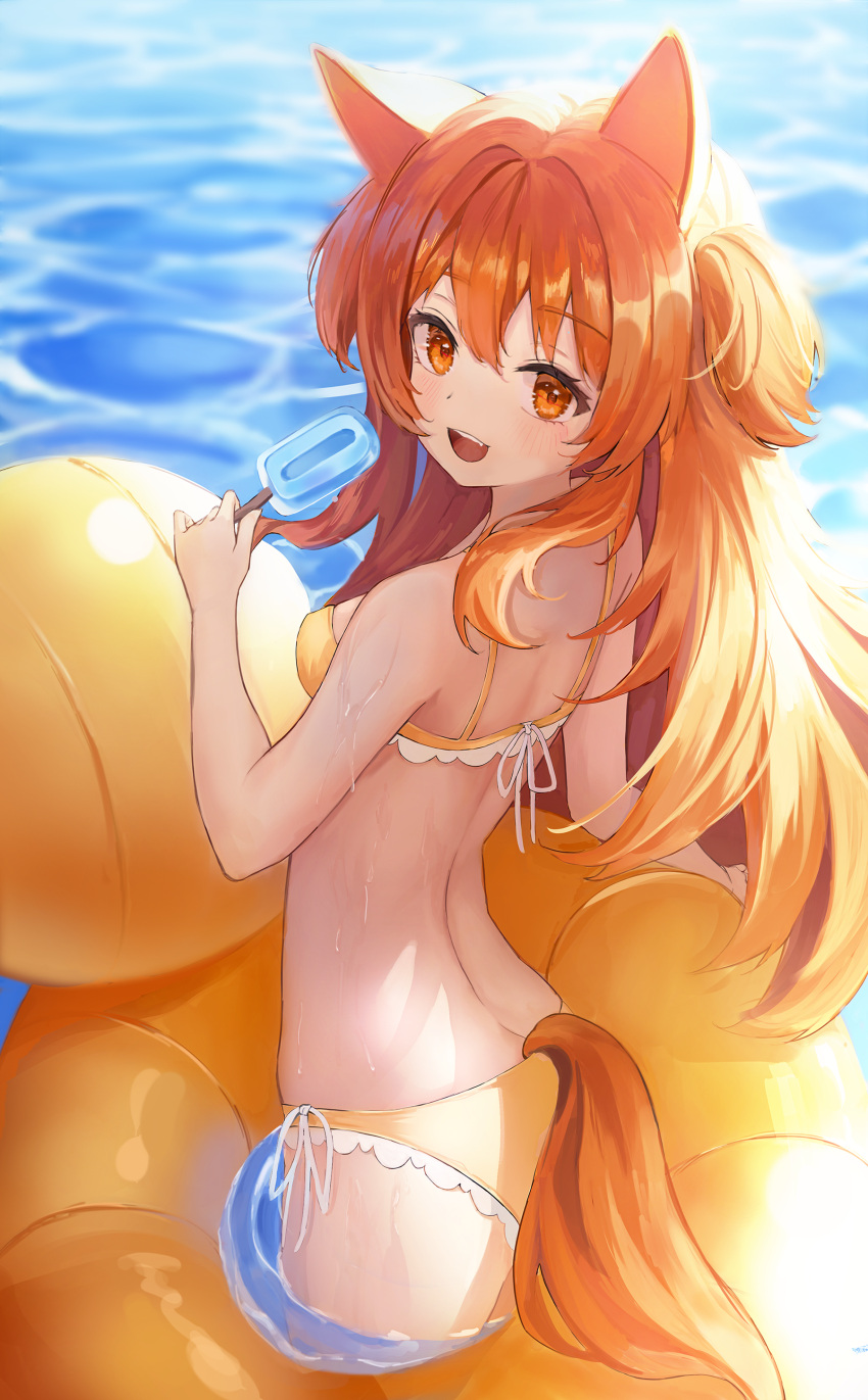 1girl absurdres alternate_animal_ears animal_ears bangs bikini blurry blurry_background blush breasts commentary_request food from_behind highres holding holding_food horse_tail innertube lace-trimmed_bikini lace_trim long_hair looking_at_viewer looking_back mayano_top_gun_(umamusume) open_mouth orange_bikini orange_eyes orange_hair po_ppe popsicle small_breasts smile solo swimsuit tail two_side_up umamusume upper_teeth wading water wet
