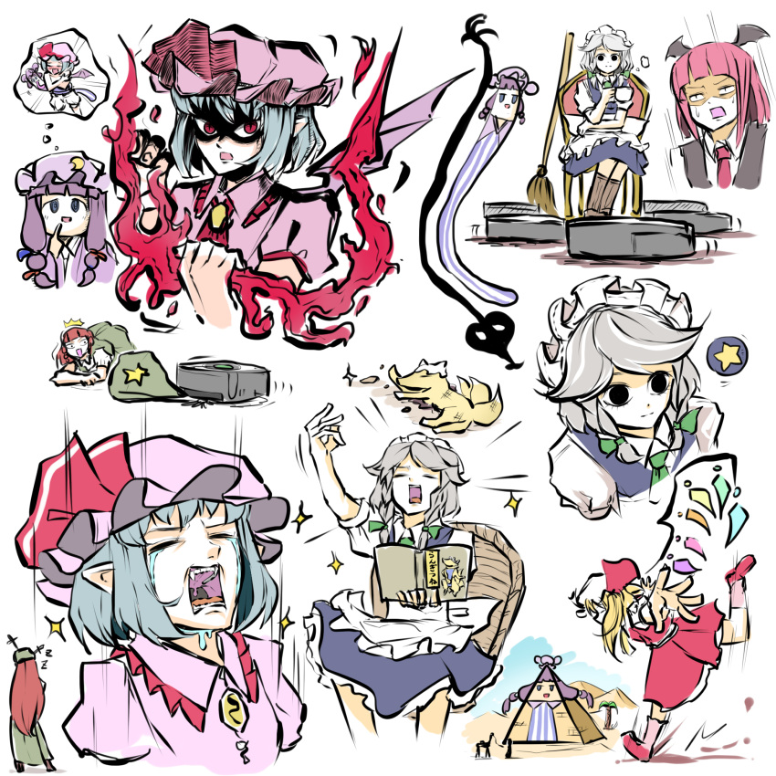 6+girls animal_ears apron bat_wings blonde_hair blush braid broom cabbie_hat camel chair closed_eyes crescent crescent_hat_ornament crying crystal embodiment_of_scarlet_devil empty_eyes fangs flandre_scarlet fox fox_ears fox_tail hair_ribbon hat hat_ornament hat_ribbon highres hong_meiling izayoi_sakuya knifed koakuma laevatein_(touhou) light_blue_hair maid maid_apron maid_headdress mob_cap multiple_girls necktie patchouli_knowledge peroponesosu. pointy_ears purple_hair pyramid red_eyes red_hair red_neckwear remilia_scarlet ribbon roomba silver_hair simple_background sitting sparkle star_(symbol) star_hat_ornament tail thought_bubble touhou twin_braids white_background wings zzz
