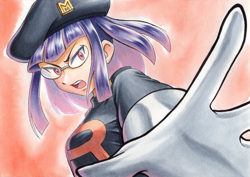 1girl bangs black_headwear black_jacket commentary_request glasses gloves grey_gloves hat highres jacket logo matori_(pokemon) oka_mochi open_mouth orange_background outstretched_hand pokemon pokemon_(anime) pokemon_sm_(anime) purple_hair solo spread_fingers team_rocket team_rocket_uniform tongue traditional_media upper_body upper_teeth