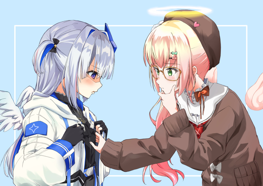 2girls amane_kanata angel angel_wings blonde_hair blush breast_conscious commentary_request feathered_wings glasses gloom_(expression) halo hand_on_another's_chest highres hololive kumagapaniti momosuzu_nene multiple_girls shaded_face silver_hair star_halo upper_body virtual_youtuber white_wings wings