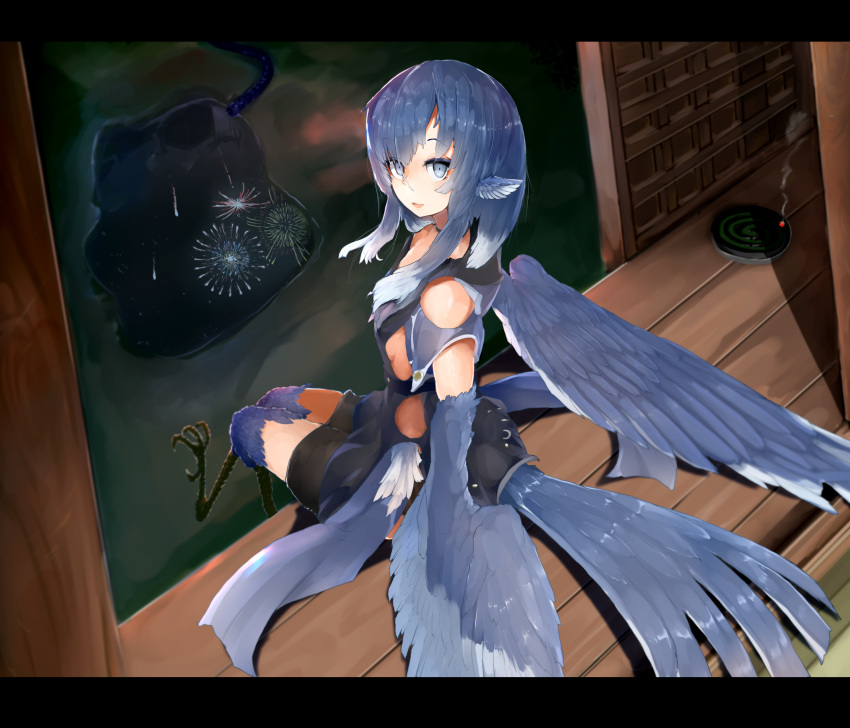 1girl animal_ears animal_feet bare_shoulders bird_ears bird_legs bird_tail black_choker blue_feathers blue_hair blue_wings choker commentary_request feathered_wings feathers fireworks grey_eyes harpy highres looking_at_viewer looking_back medium_hair miura_(rnd.jpg) monster_girl mosquito_coil open_mouth original reflection rnd.jpg sitting smoke solo tail talons winged_arms wings