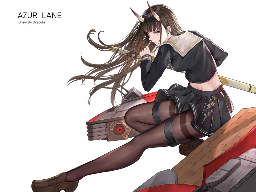 1girl artist_name azur_lane black_legwear black_shirt black_skirt brown_footwear brown_hair dracula_(5574) full_body horns long_hair midriff miniskirt noshiro_(azur_lane) oni_horns pantyhose pleated_skirt purple_eyes rigging sailor_collar sheath sheathed shirt shoes simple_background skirt solo thigh_strap thighband_pantyhose torpedo_launcher white_background white_sailor_collar