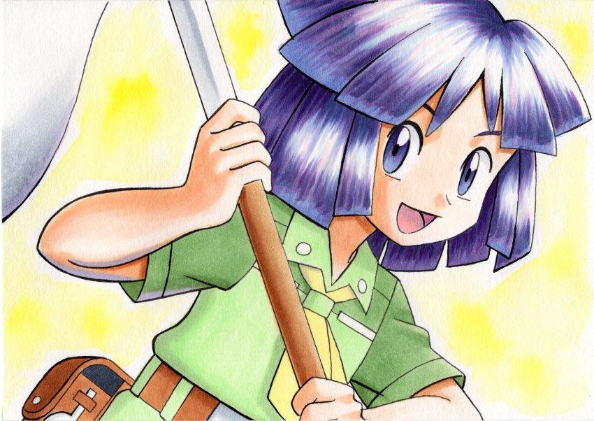 1boy :d ascot bangs belt belt_buckle brown_bag brown_belt buckle bugsy_(pokemon) butterfly_net buttons collared_shirt commentary_request fanny_pack green_shirt green_shorts hand_net highres holding holding_butterfly_net male_focus oka_mochi open_mouth pokemon pokemon_(game) pokemon_hgss purple_eyes purple_hair shiny shiny_hair shirt short_hair short_sleeves shorts smile solo tongue traditional_media yellow_background yellow_neckwear