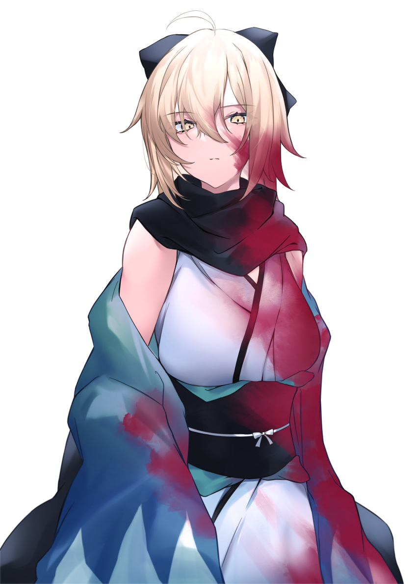 1girl absurdres ahoge bangs black_bow black_scarf blonde_hair blood blood_in_hair blood_on_clothes blood_on_face bow breasts closed_mouth commentary_request eyebrows_visible_through_hair fate/grand_order fate_(series) hair_between_eyes hair_bow highres japanese_clothes kimono koha-ace long_sleeves looking_at_viewer obi off_shoulder okita_souji_(fate) okita_souji_(fate)_(all) open_clothes sash scarf simple_background sleeveless sleeveless_kimono sleeves_past_fingers sleeves_past_wrists small_breasts solo white_background white_kimono yellow_eyes yuki_maccha_(yukimattya10)