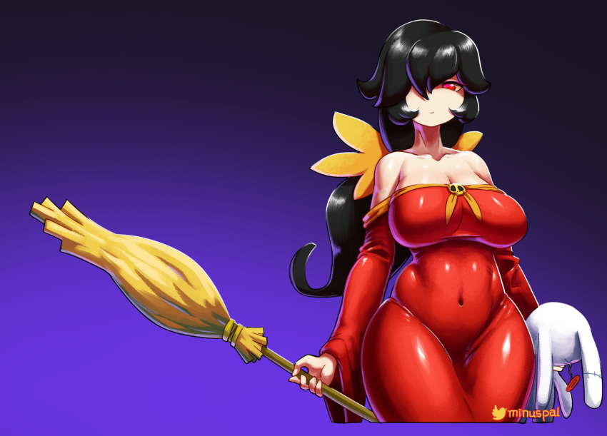 1girl absurdres ashley_(warioware) black_hair breasts broom cleavage highres holding holding_broom large_breasts minus8 older red_eyes solo stuffed_animal stuffed_bunny stuffed_toy warioware witch