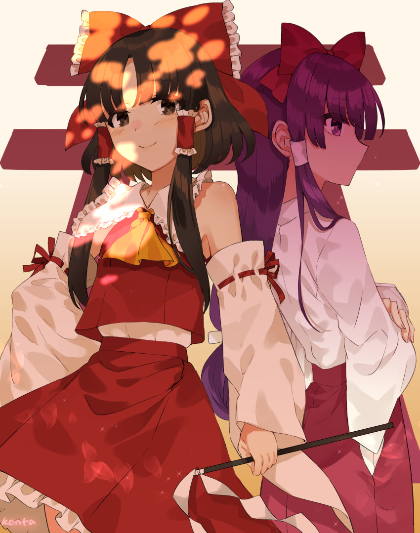 2girls absurdres artist_name ascot back-to-back blush bow brown_eyes brown_hair detached_sleeves frilled_shirt_collar frilled_skirt frills gohei hair_bow hair_tubes hakama hakurei_reimu hakurei_reimu_(pc-98) hand_on_hip highres japanese_clothes kanta_(pixiv9296614) long_hair long_sleeves miko multiple_girls nontraditional_miko purple_eyes purple_hair red_hakama red_skirt skirt smile torii touhou touhou_(pc-98) wide_sleeves yellow_neckwear