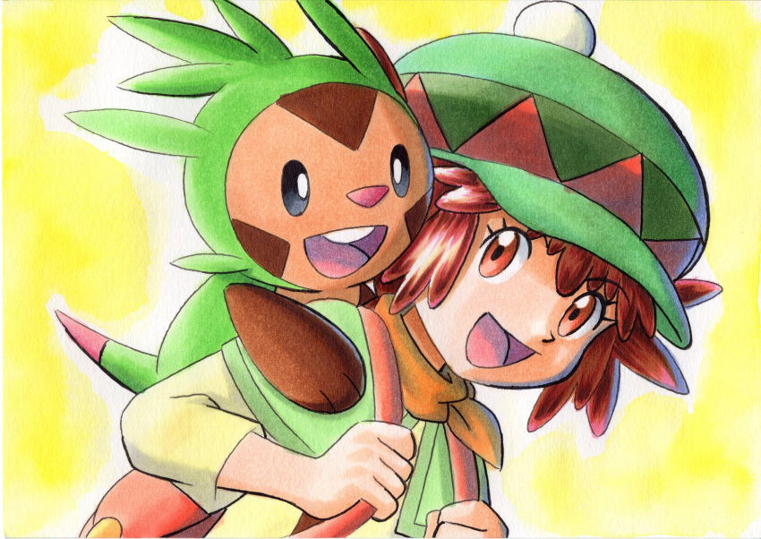 1girl :d backpack bag bangs brown_hair capelet chespin commentary eyebrows_visible_through_hair eyelashes green_capelet green_headwear hands_up hat highres holding_strap mairin_(pokemon) oka_mochi open_mouth orange_bag orange_eyes pokemon pokemon_(anime) pokemon_(creature) pokemon_on_back pokemon_xy_(anime) shirt short_hair smile tongue traditional_media upper_body yellow_background yellow_shirt