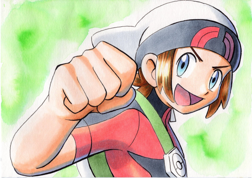 1boy :d backpack bag beanie blue_eyes brendan_(pokemon) brown_hair clenched_hand commentary green_background green_bag hand_up hat highres jacket male_focus oka_mochi open_mouth pokemon pokemon_(game) pokemon_oras red_jacket short_hair short_sleeves smile solo tongue traditional_media upper_body white_headwear