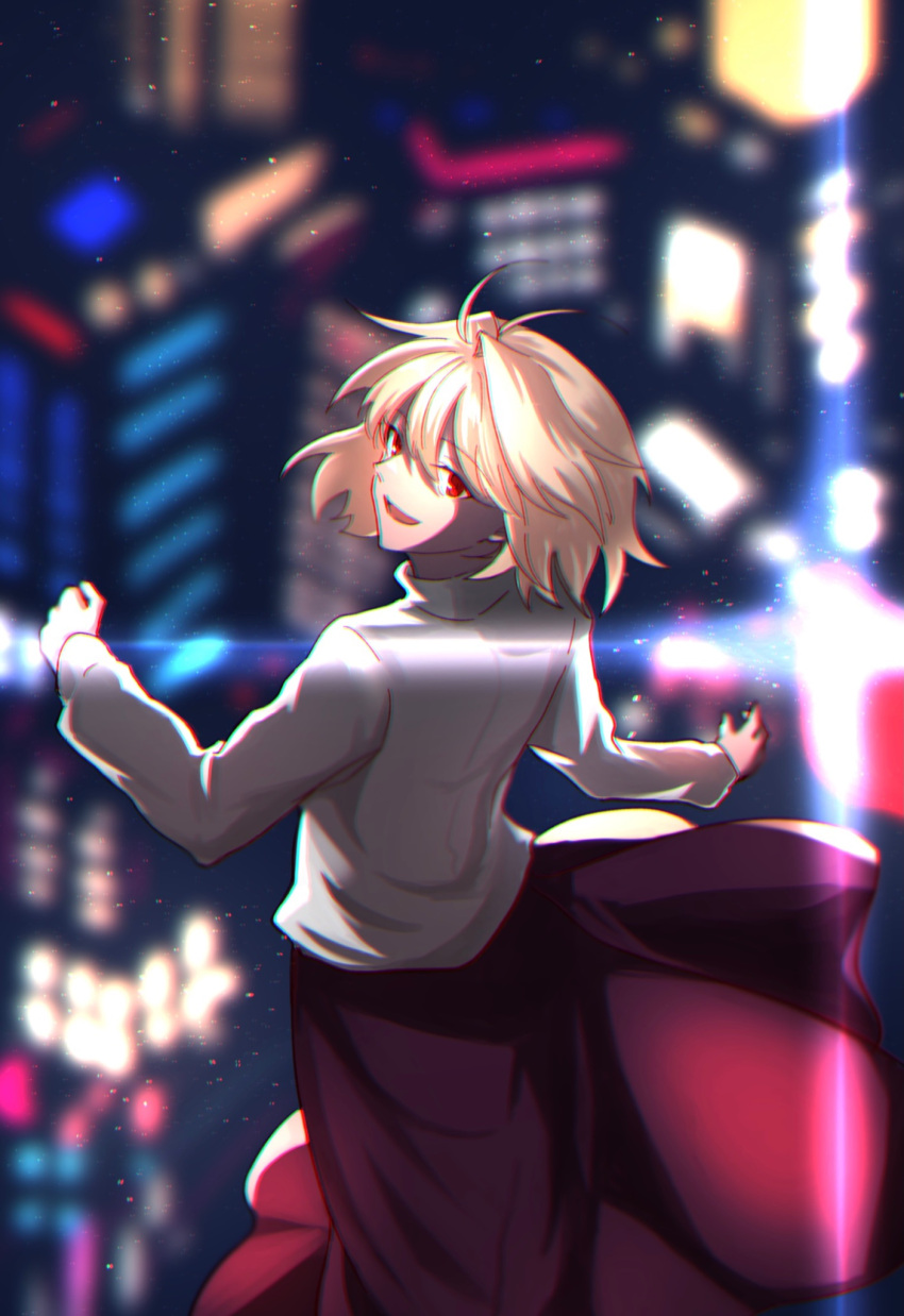 1girl antenna_hair arcueid_brunestud bangs blonde_hair commentary highres long_skirt long_sleeves looking_back nanase_hr parted_lips purple_skirt red_eyes short_hair skirt solo sweater tsukihime turtleneck turtleneck_sweater white_sweater