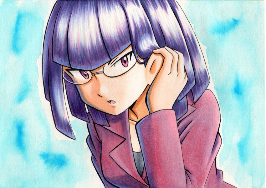 1girl adjusting_hair bangs black_shirt blue_background blunt_bangs collarbone commentary_request glasses hair_behind_ear hand_up highres jacket long_sleeves matori_(pokemon) oka_mochi open_mouth pokemon pokemon_(anime) pokemon_xy_(anime) purple_eyes purple_hair purple_jacket shiny shiny_hair shirt short_hair solo team_rocket tongue traditional_media