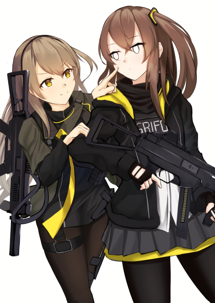 2girls black_jacket black_legwear black_scarf brown_hair camouflage camouflage_jacket closed_mouth eyebrows_visible_through_hair girls'_frontline grey_skirt gun h&amp;k_ump hairband highres holding holding_weapon jacket light_brown_hair lodbyy long_hair looking_at_another multiple_girls open_clothes open_jacket pantyhose rifle_on_back scarf side_ponytail skirt smile standing submachine_gun ump40_(girls'_frontline) ump45_(girls'_frontline) weapon weapon_on_back white_background white_eyes yellow_eyes