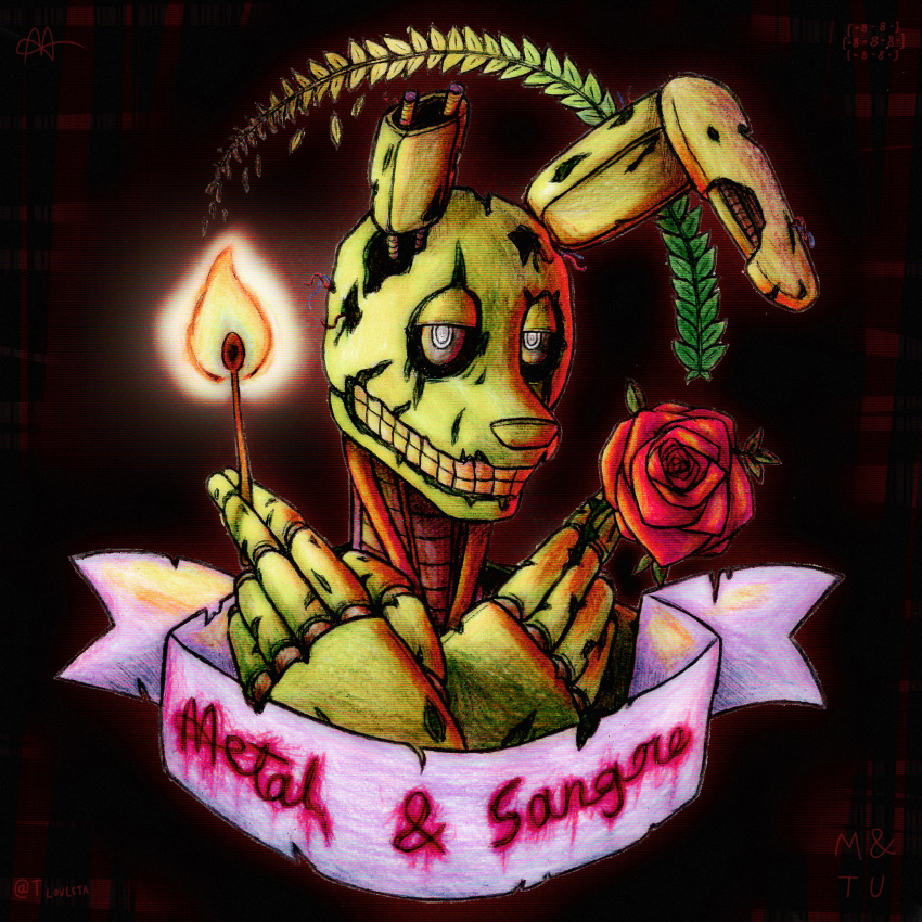 1:1 2021 animatronic anthro black_background blood bodily_fluids english_text five_nights_at_freddy's five_nights_at_freddy's_3 flower hands_crossed hi_res holding_flower holding_matchstick holding_object holding_rose lagomorph leporid machine male mammal matchstick plant portrait rabbit robot rose_(flower) simple_background solo song springtrap_(fnaf) teeth text tunk_saray_lovesta video_games wire