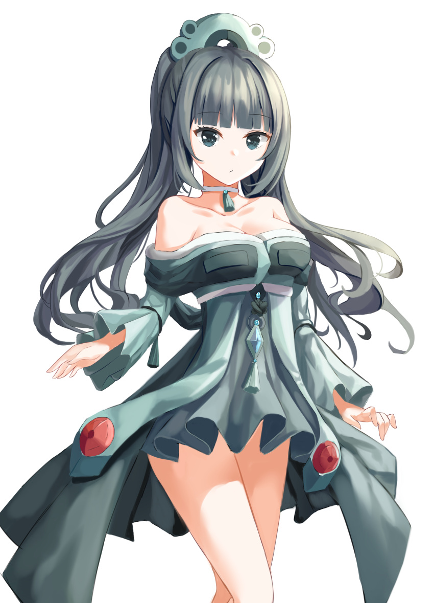 1girl absurdres bangs breasts bronzong choker cleavage collarbone dress fast_owl grey_dress grey_hair highres personification pokemon simple_background standing white_background white_choker