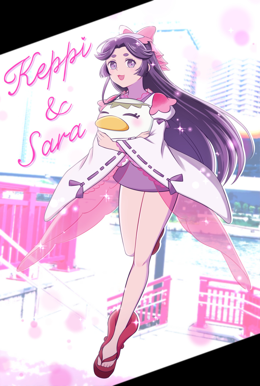 1girl :d absurdres azuma_sara black_hair blurry blurry_background bow character_name full_body hair_bow highres kappa keppi mesyoko open_mouth outdoors photo_background pink_bow purple_eyes ribbon-trimmed_sleeves ribbon_trim sandals sarazanmai smile wide_sleeves